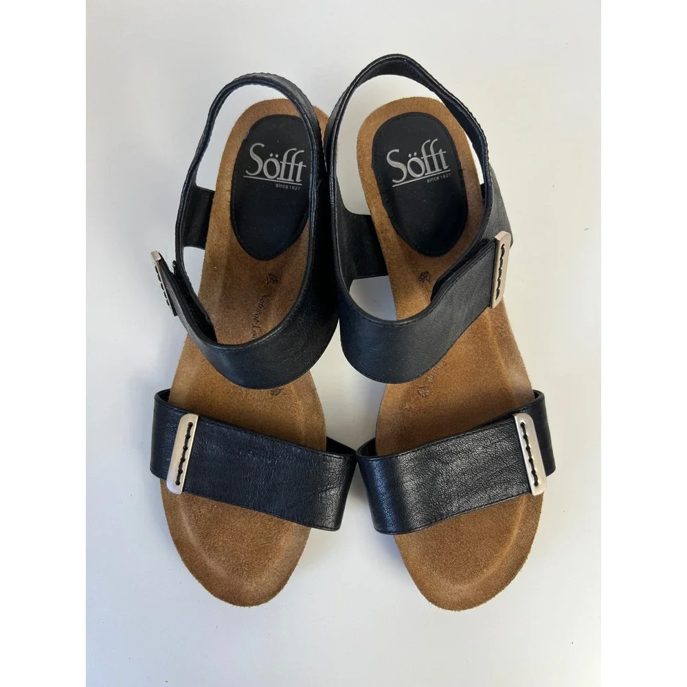 Sofft Verdi Black Leather Slingback Wedge Sandals US 9.5M Comfort Casual Travel